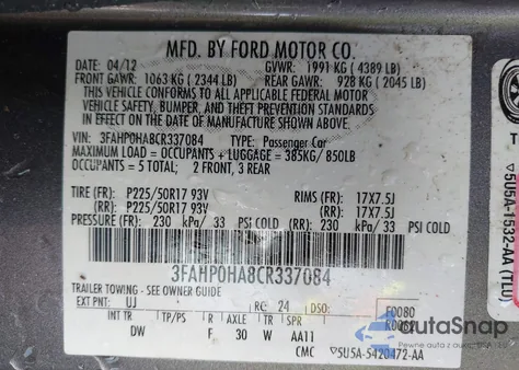 2012 Ford Fusion Se из США, поврежденный, VIN 3FAHP0HA8CR337084